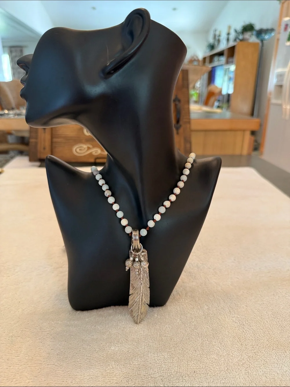 White, Light Turquoise & Taupe Beaded Necklace with Silver Feather Pendant